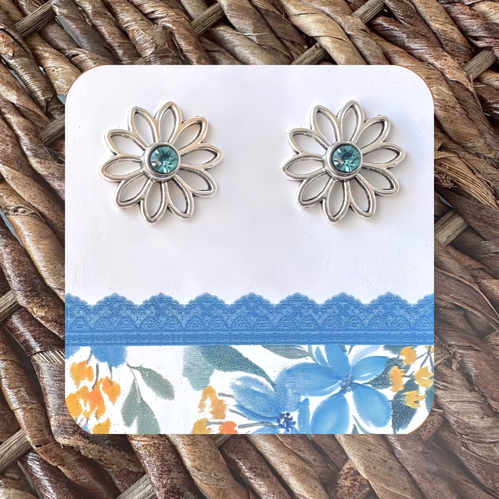 New Handmade Silver-Tone And Sparkly Blue Daisy Stud Earrings 075 Diameter 15$